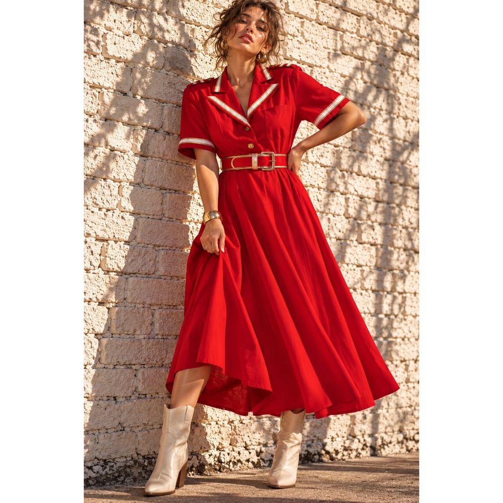 Vintage Styleworks Red Rayon Nautical Military Belted Midi Dress Sailor 80s 14